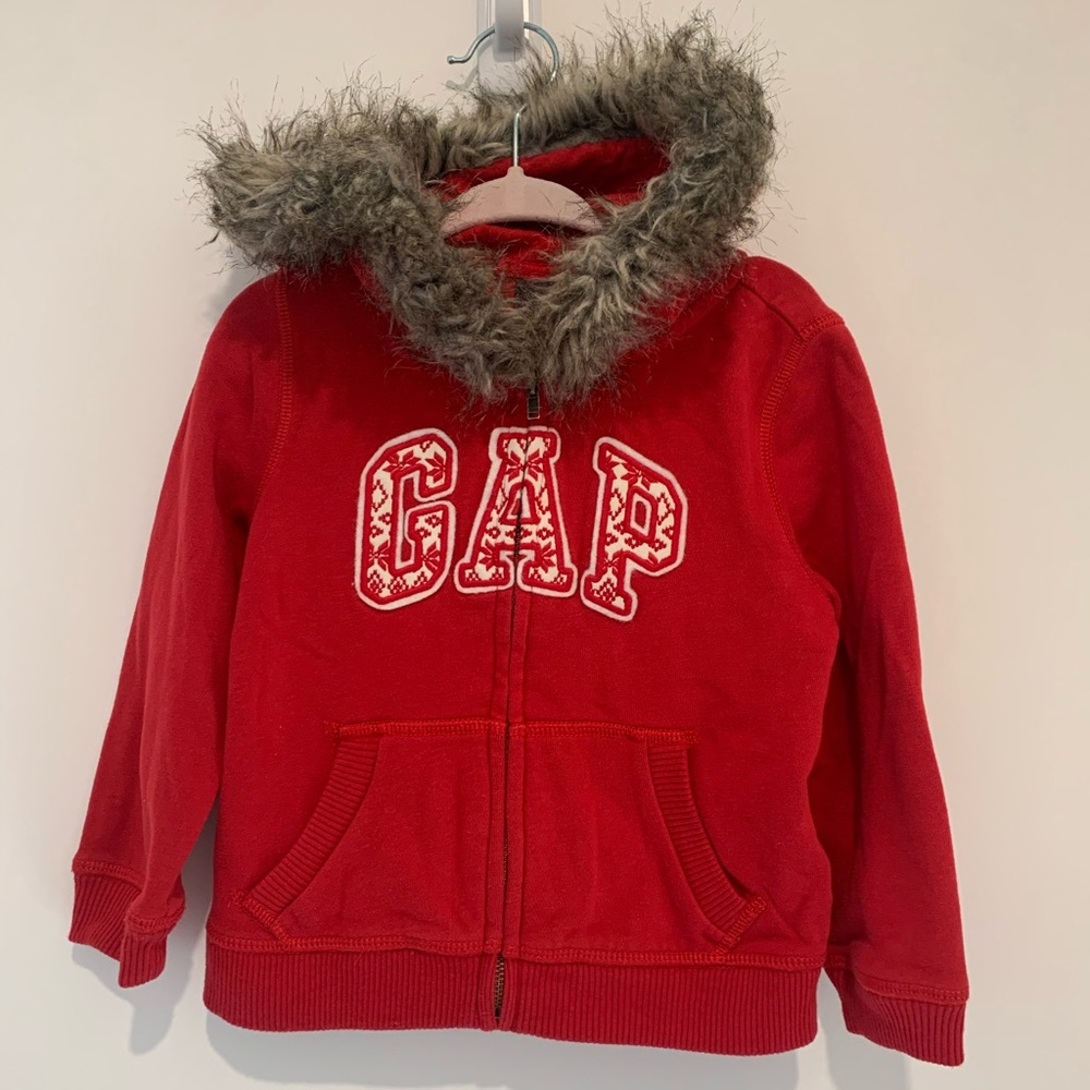 Gap logo red zip up with fur trimmer hood. Size 2.